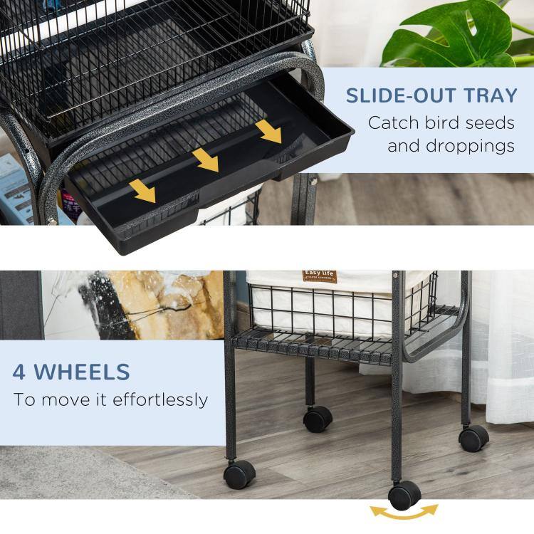 SLIDE-OUT TRAY  
Catch bird seeds and droppings

4 WHEELS  
To move it effortlessly