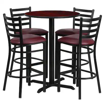 Front. Flash Furniture - Carlton 30'' Round Mahogany Laminate Table Set with X-Base and 4 Ladder Back Metal Barstools - Burgundy Vinyl Seat - Burgundy.