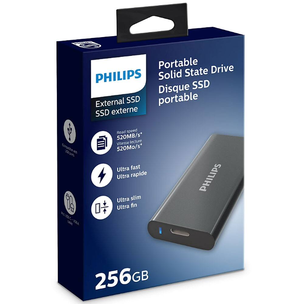 Portable Drive PHILIPS Solid State Disque SSD External SSD portable SSD externe  
Compatible USB A  
Read speed 520MB/s* lecture Vitesse 520Mo/s* Ultra fast Ultra rapide Ultra slim Ultra fin  
PHILIPS  
256GB