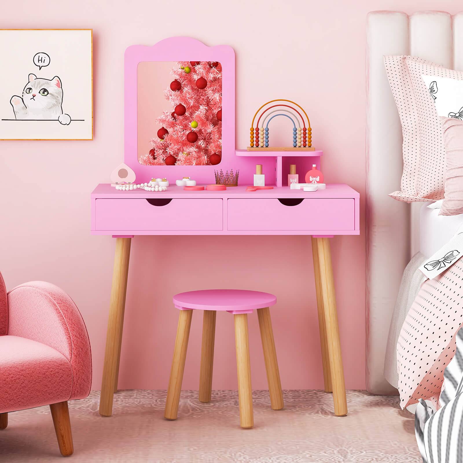 Alt View 4. Costway - Costway Kid Vanity Table Chair Set with Mirror Large Storage Drawers Wooden Legs - Pink.
