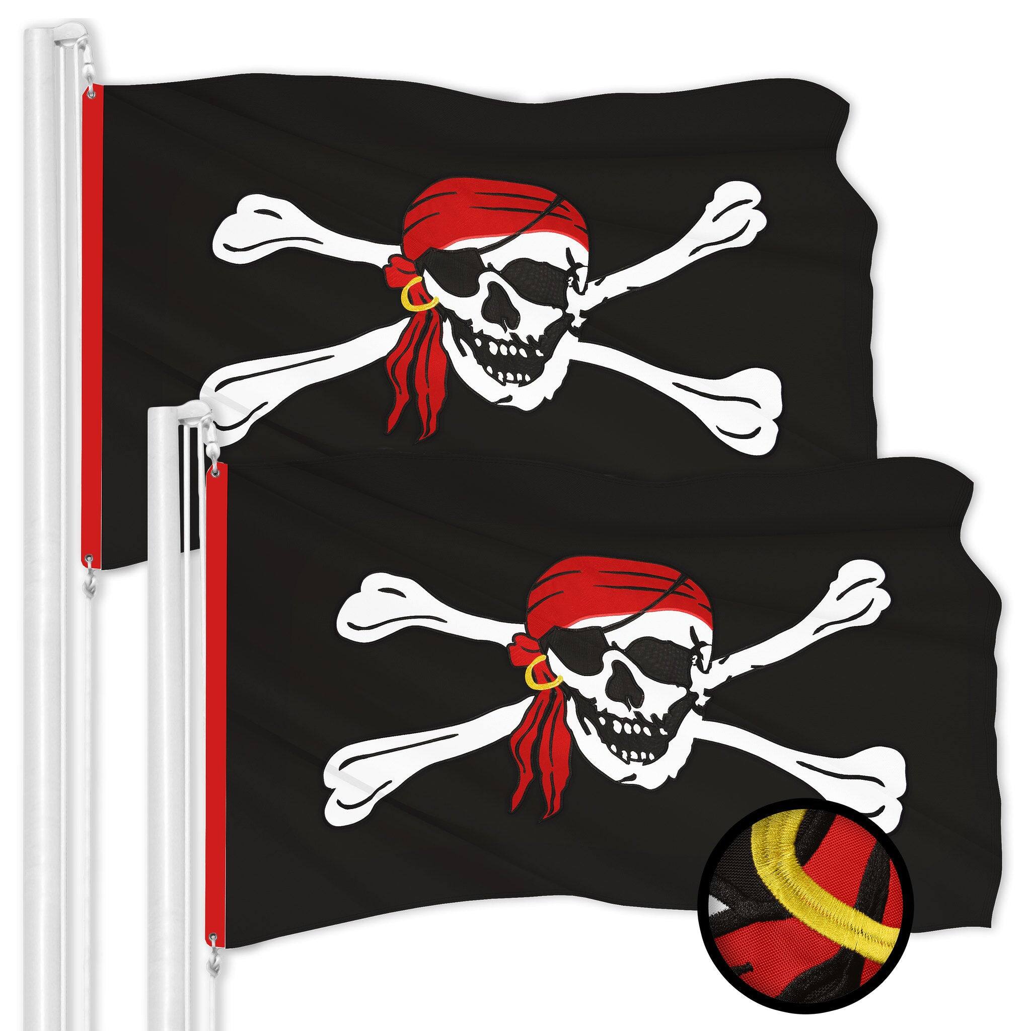 Front. G128 - 2-Pack Pirate Jolly Roger Head Scarf Flag, 3x5 Ft, Embroidered 300D Polyester, Brass Grommets. - Assorted Colors.
