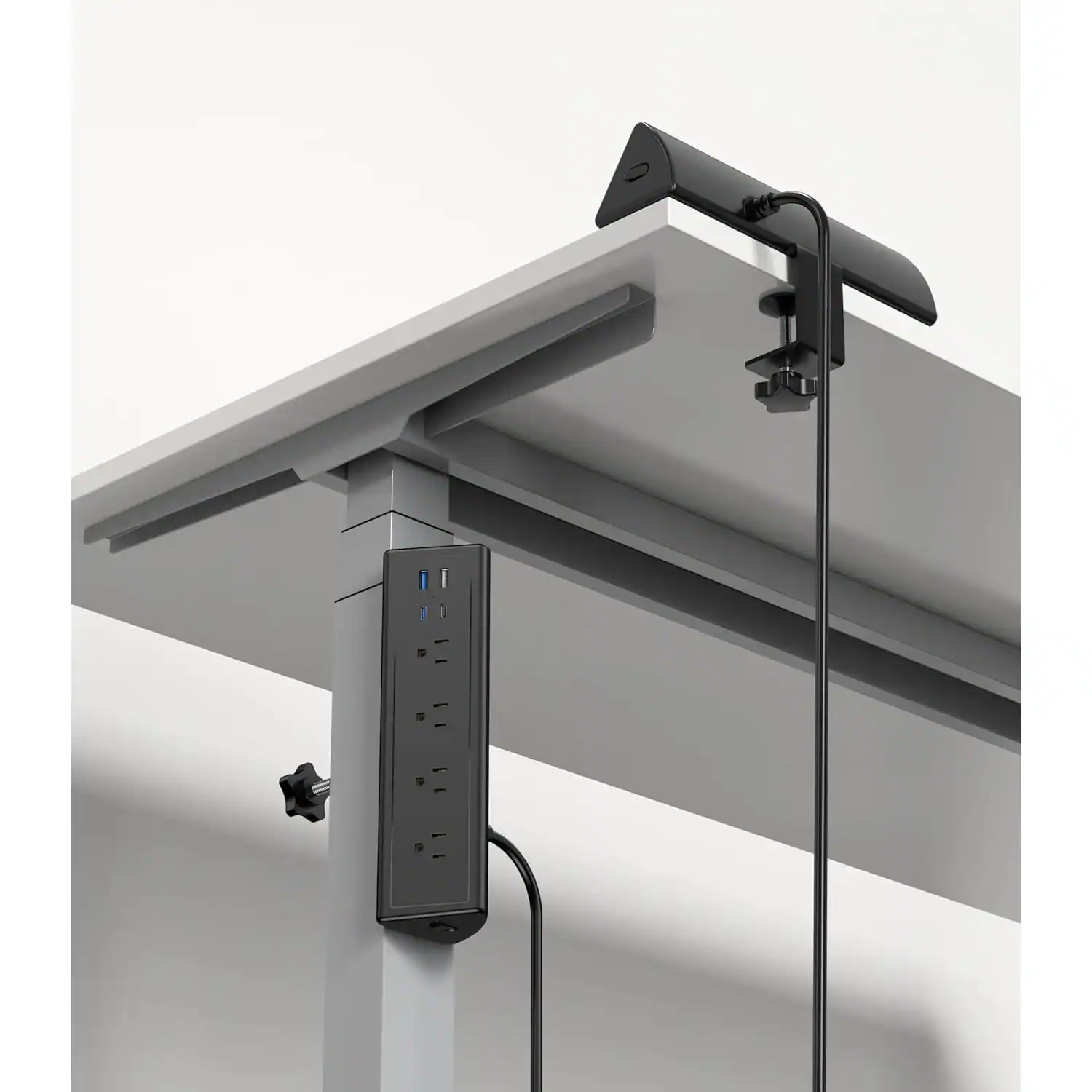 Alt View 1. PARKER SLATER - Desk clamp power strip with surge protection, 20W fast charging, 2 USB-C, 2 USB-A, and multiple AC outlets. - Black.