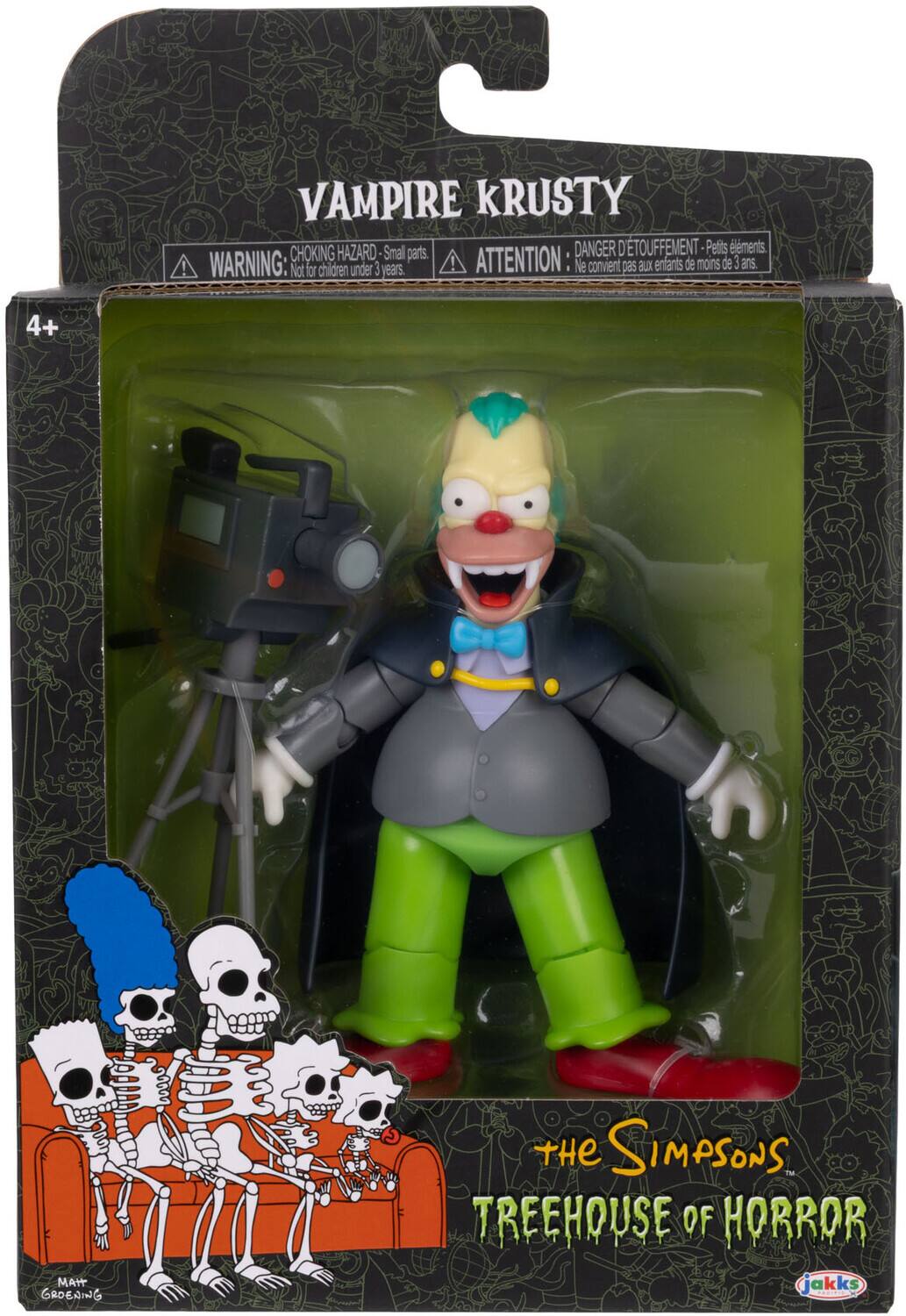 VAMPIRE KRUSTY  
CHOKING HAZARD, Small parts.  
DANGER D'ÉTOUFFEMENT Petits éléments.  
WARNING: Not for children under 3 years, ATTENTION Ne convient pas aux enfants de moins de 3 ans.  
4+  
Matt GROENING  
THE SIMPSONS TREEHOUSE OF HORROR  
jakks
