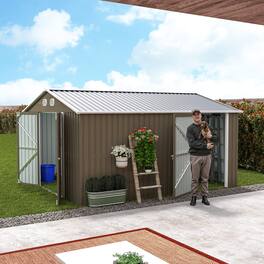 Anysun - 10x12 FT Outdoor Metal Storage Shed – Large Storage Shed with Sturdy Frame, Lockable Door, Garden Tool Shed - Coffee