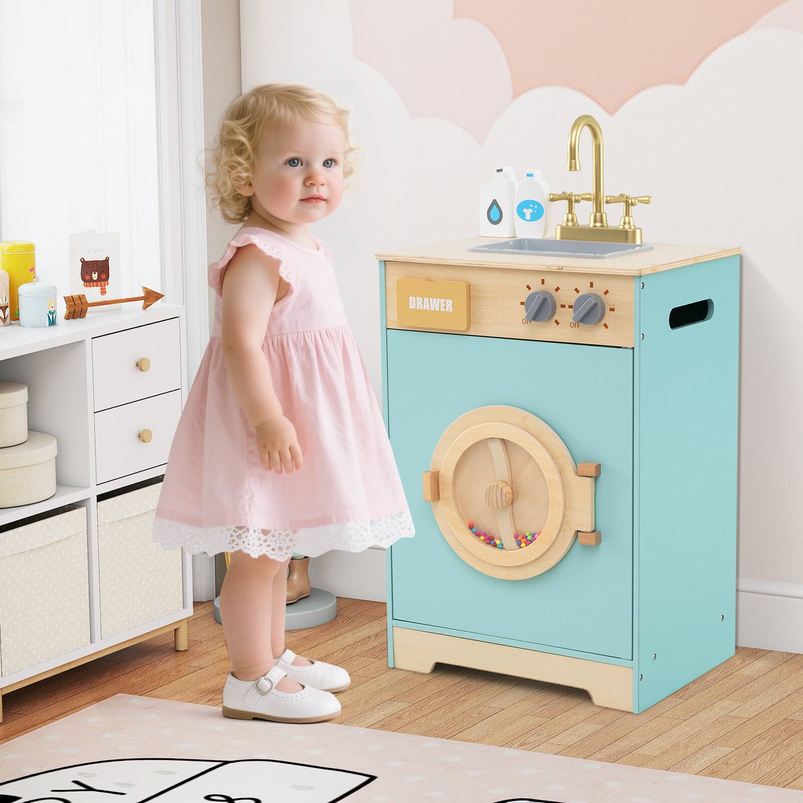 Alt View 1. Gymax - Gymax Kids Washer Playset w/ Laundry Detergent & Hand Sanitizer Rotating Wheel - Blue.