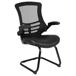 Emma + Oliver - Mesh Sled Base Side Reception Chair with Flip-Up Arms-Office Waiting Room - Black LeatherSoft