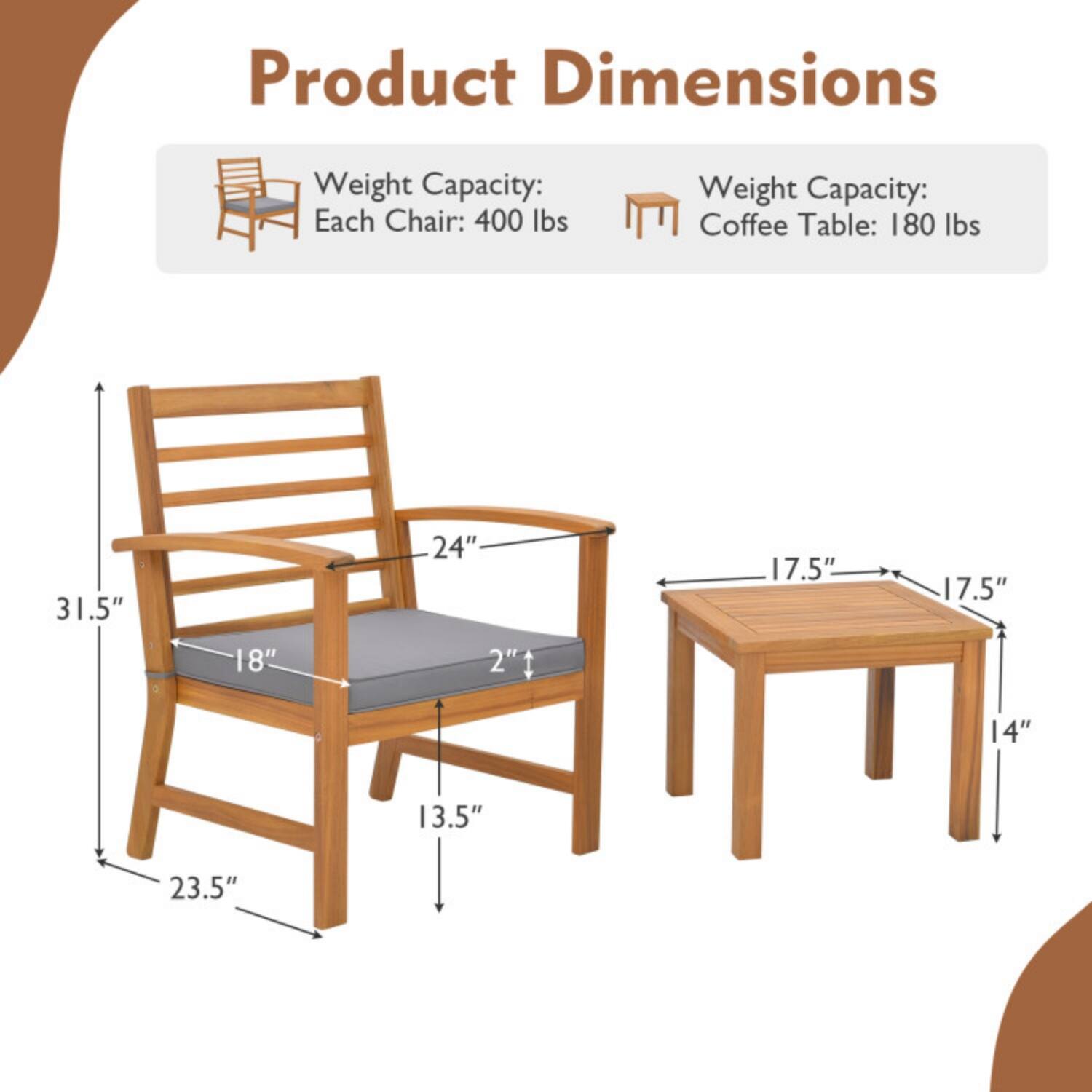 Product Dimensions

Weight Capacity: Each Chair: 400 lbs  
Weight Capacity: Coffee Table: 180 lbs

- Chair: 31.5" H x 18" W x 24" D  
  Seat Height: 13.5"  
  Seat Depth: 18"  
  Armrest Height: 2"

- Coffee Table: 17.5" W x 17.5" D x 14" H