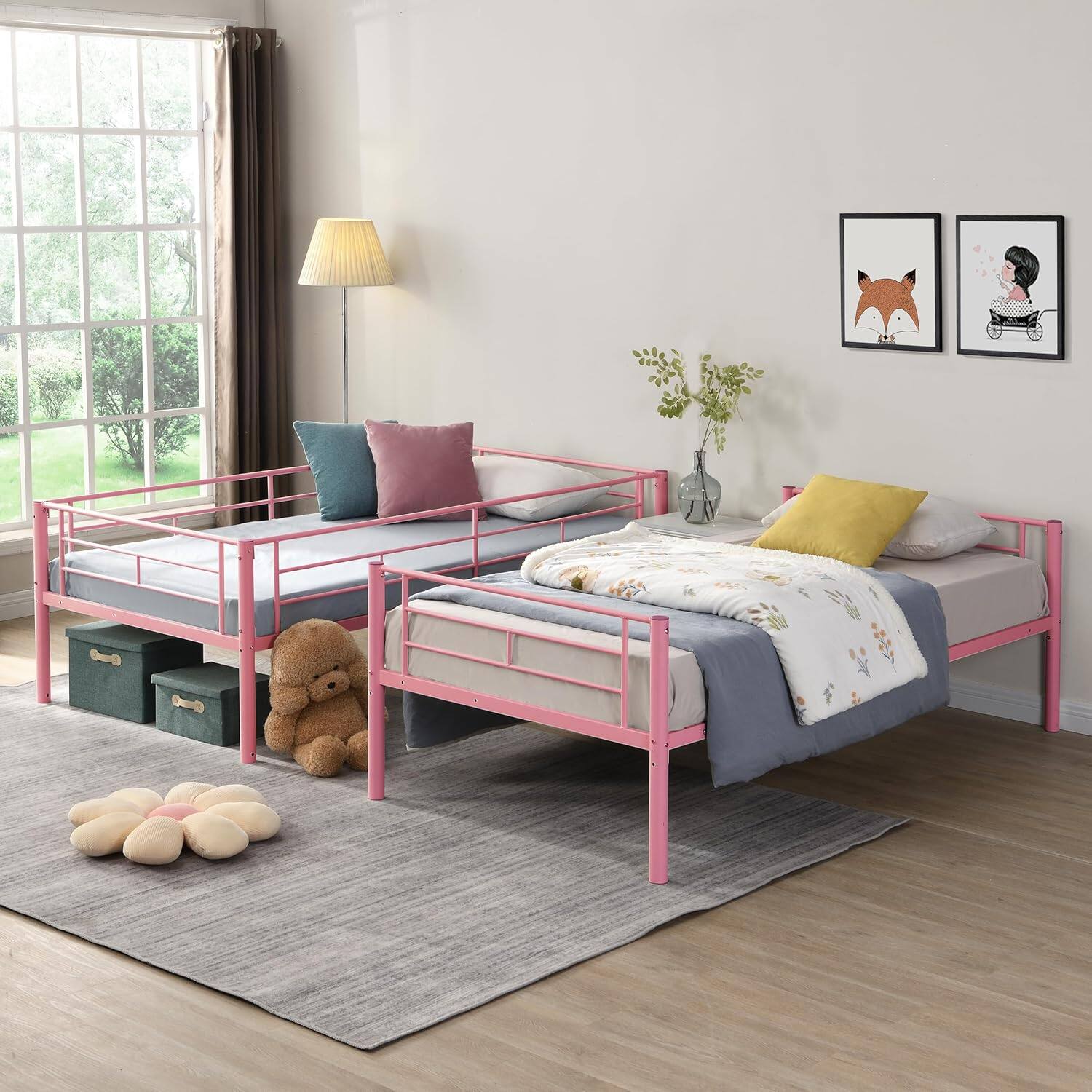 Alt View 4. Trinkets Crazed - Twin Over Twin Size Metal Detachable Bunk Bed Frame with 2 Side Ladder and Guardrail - pink.