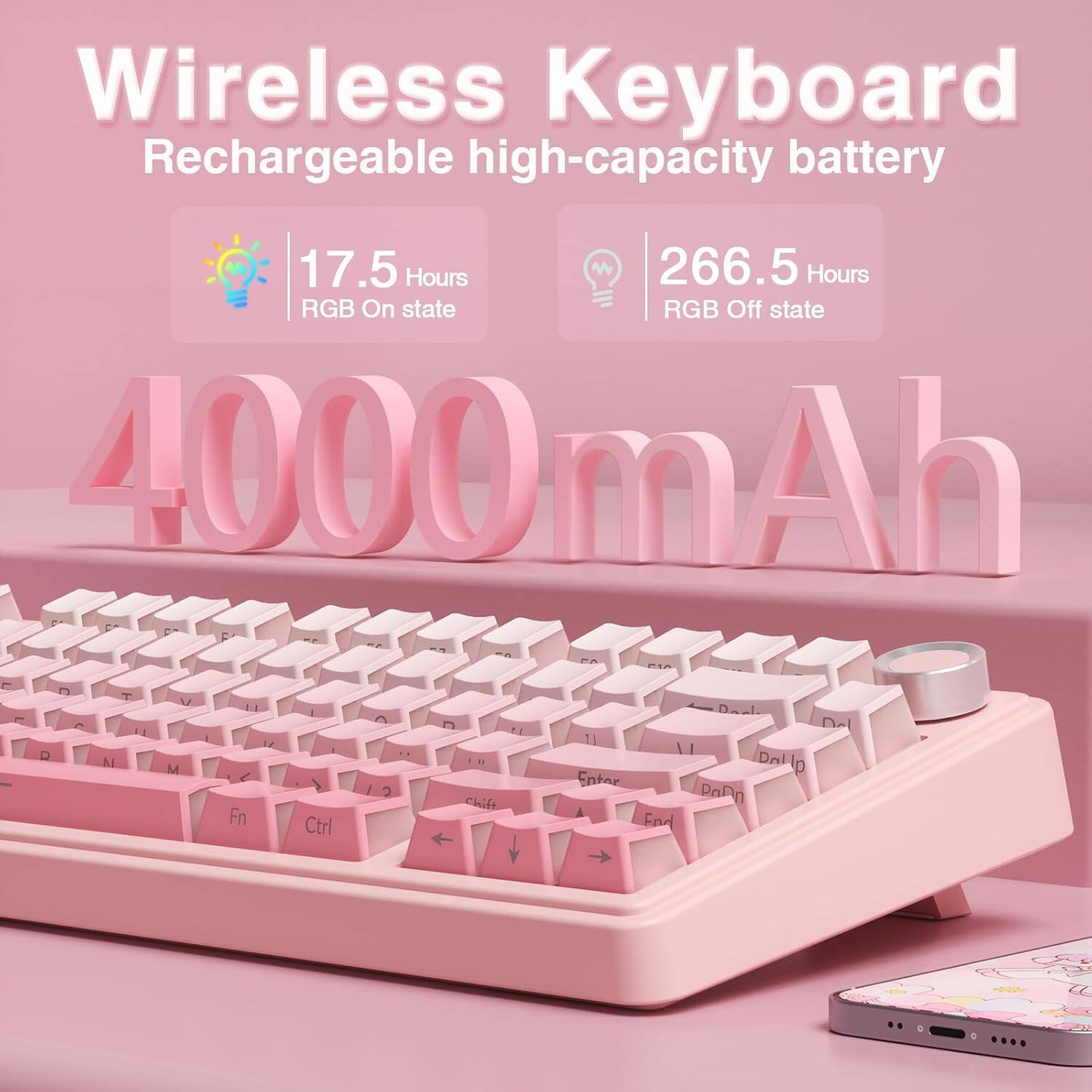Wireless Keyboard Rechargeable high-capacity battery

17.5 Hours RGB On state
266.5 Hours RGB Off state
4000mAh