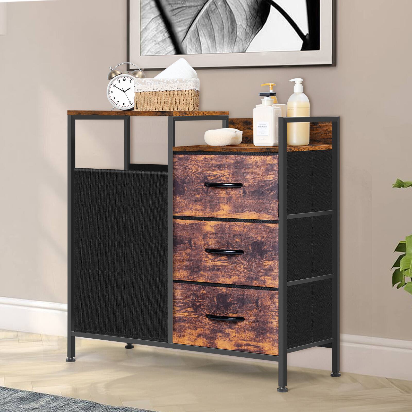 Alt View 1. Oumilen - Rustic Brown Laundry Hamper with 3 Fabric Drawers and Wooden Tabletop - Brown.