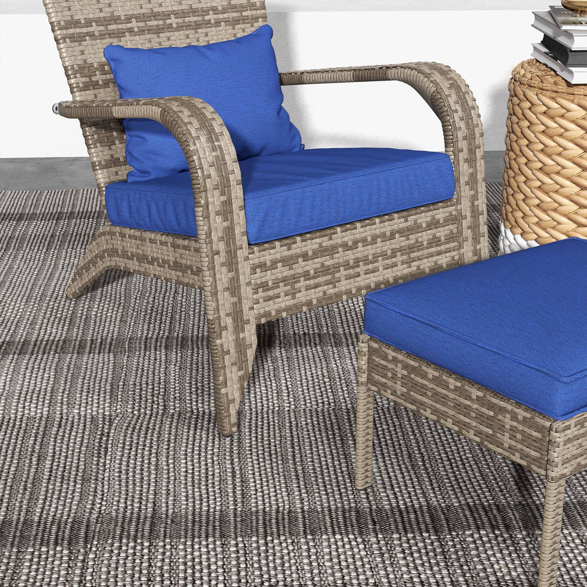 Alt View 8. Outsunny - Patio Wicker Adirondack Chair with Ottoman, Outdoor Fire Pit Chair with Cushions, High-Back, Large Seat & Armrests - Blue.