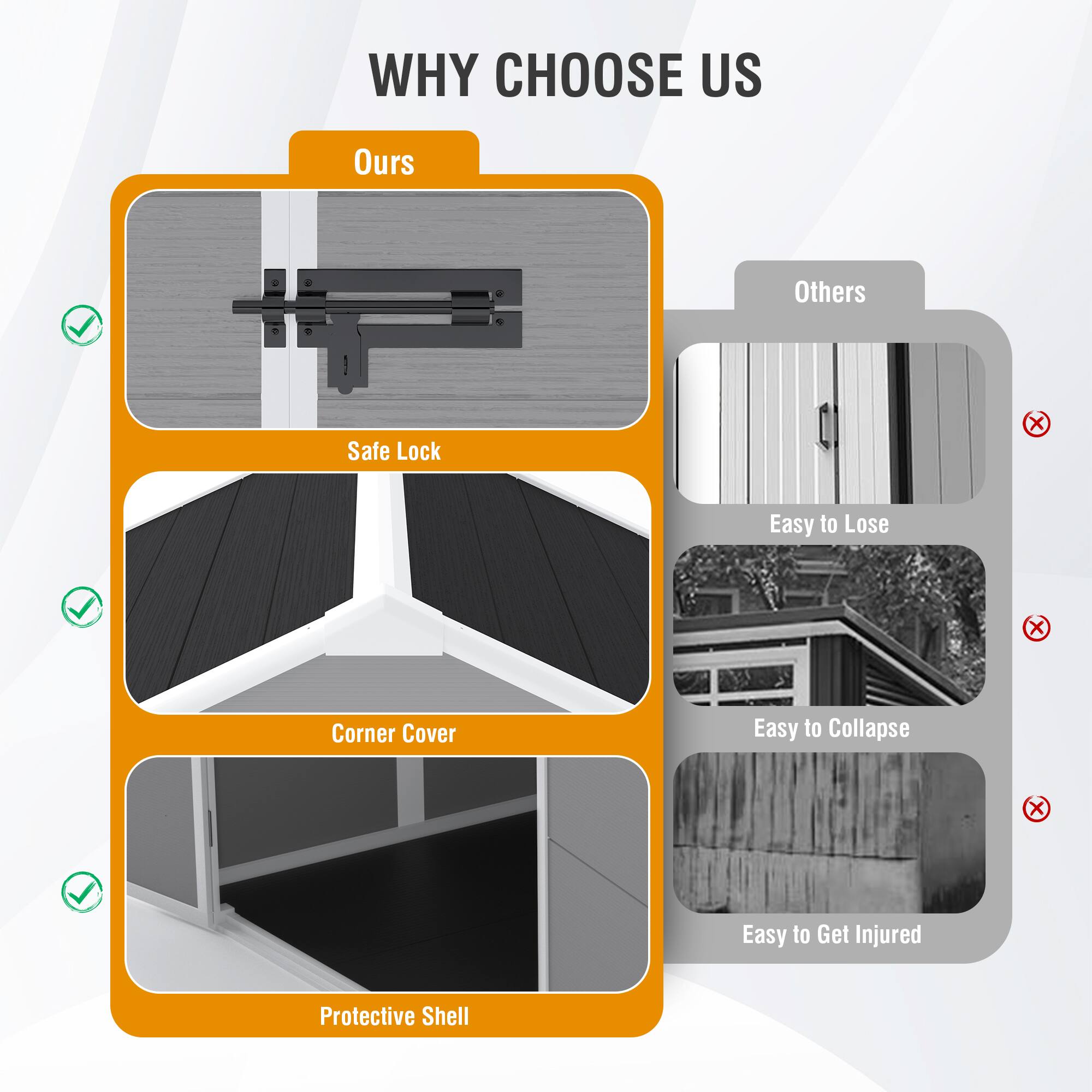 WHY CHOOSE US

Ours:
- Safe Lock
- Corner Cover
- Protective Shell

Others:
- Easy to Lose
- Easy to Collapse
- Easy to Get Injured