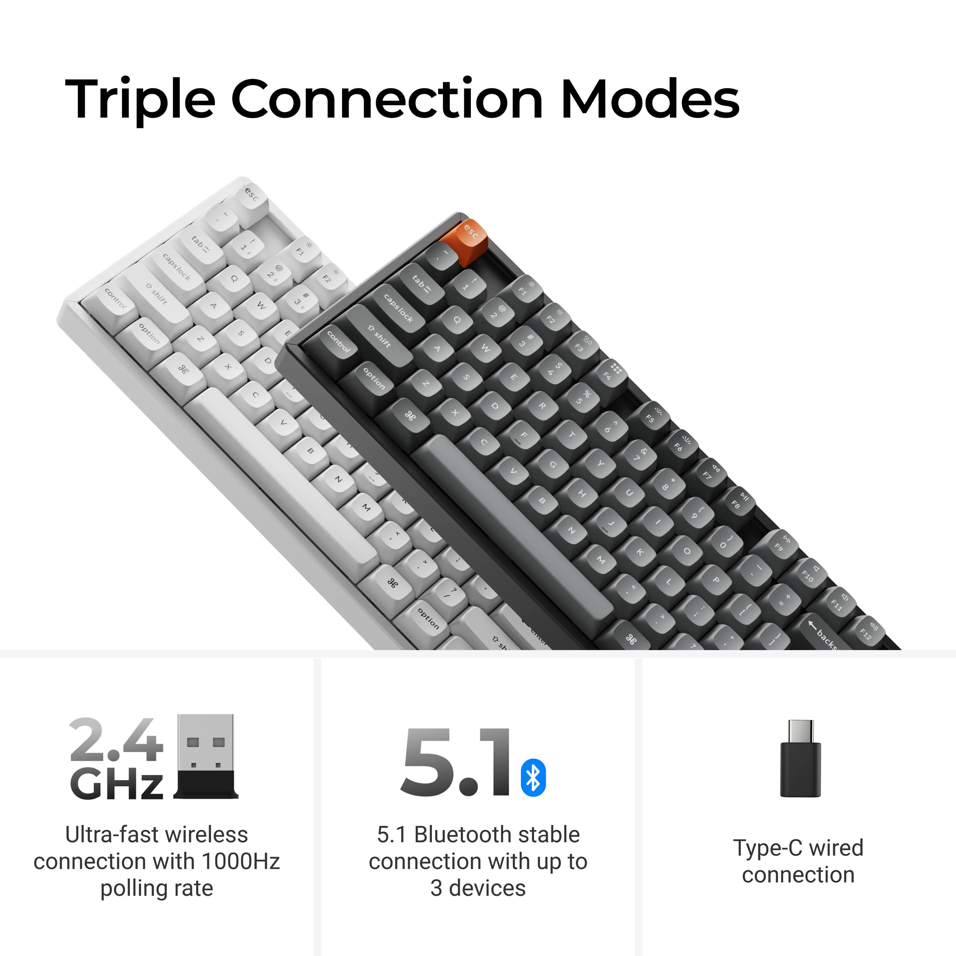 Triple Connection Modes

1. 2.4 GHz Ultra-fast wireless connection with 1000Hz polling rate
2. 5.1 Bluetooth stable connection with up to 3 devices
3. Type-C wired connection