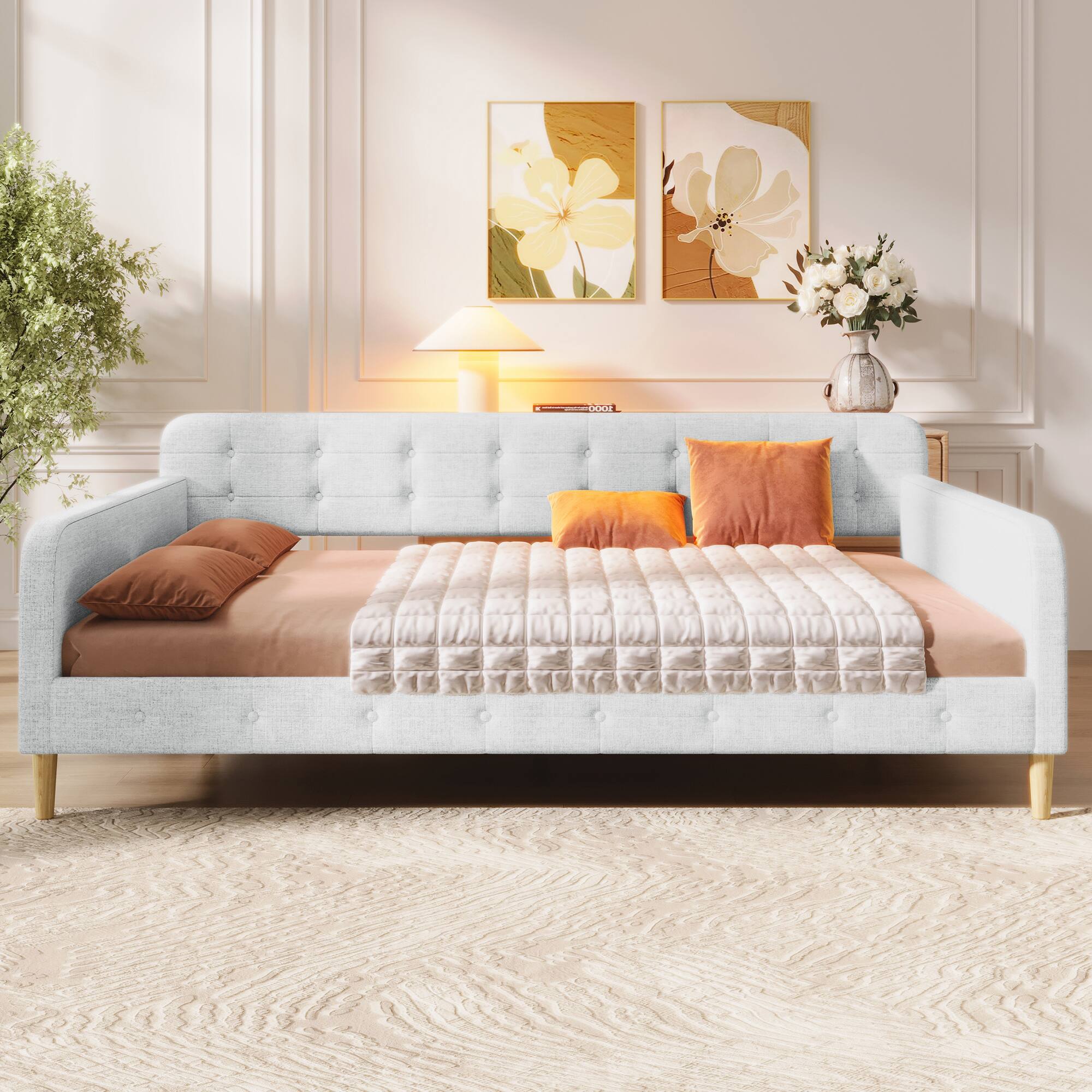 Angle. Whisen - Queen Size Upholstered Daybed with Slat Kit for Bedroom and Living Room - Beige.