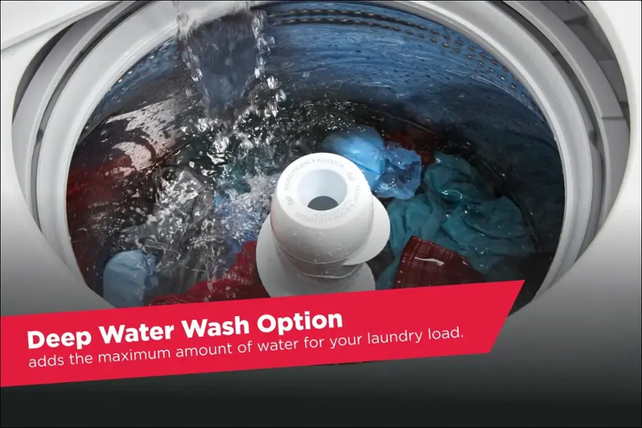 Efficiency Agitator High Fabric Dispenser Water Softener Deep Water Wash Option for your laundry load. Adds the maximum amount of water for your laundry.