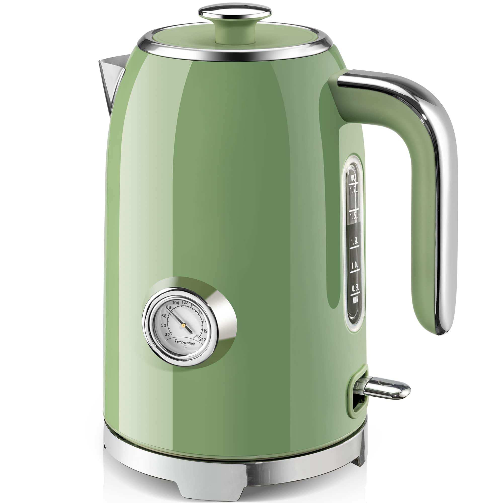 GlowWise - 57oz Electric Kettle, 1500W Fast Boil, Stainless Steel w/ Thermometer, Auto Shut-Off, Cordless LED - Green