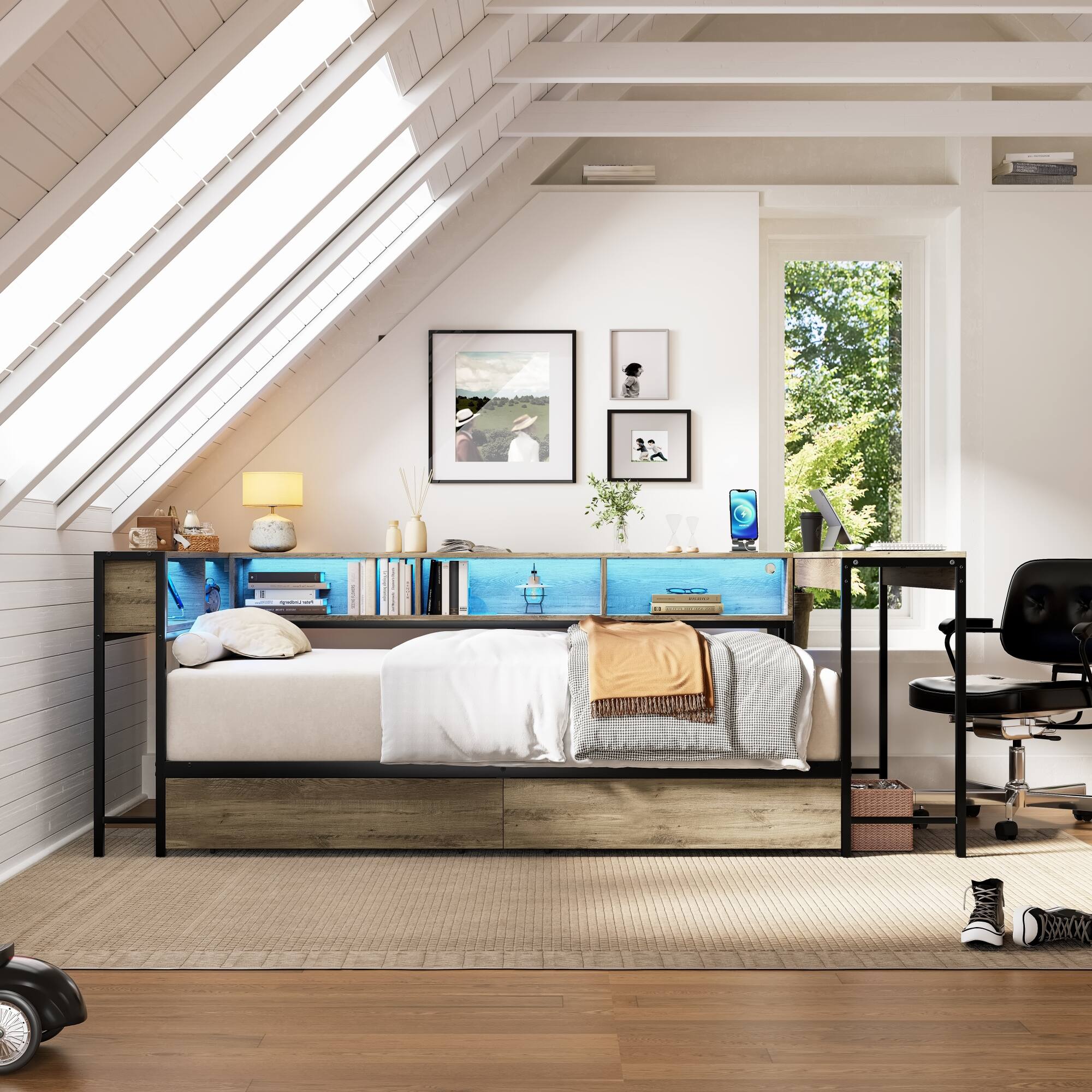 Alt View 5. GOODSILO - Compact Twin Corner Bed Frame with Integrated Bookcase, Underbed Storage Drawers, LED Lighting, and Charging Station - Grey.