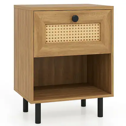 Front. Kadyn - Boho Rattan Nightstand – Rattan Drawer + Open Shelf, Chic End Table for Bedroom/Living Room, Natural - Brown.