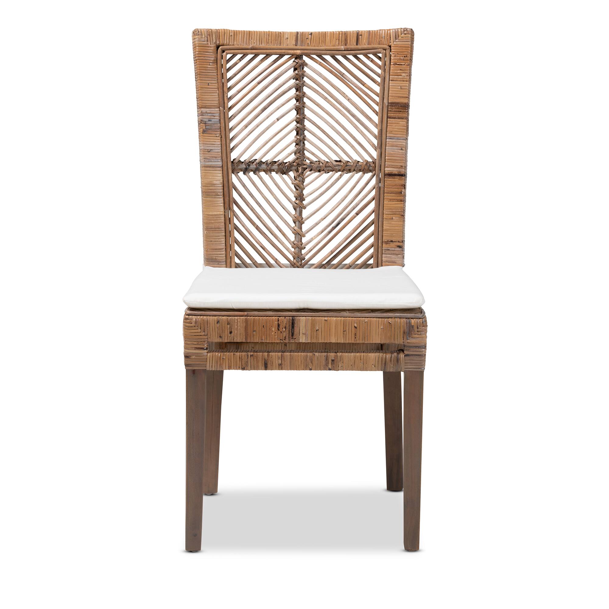 Angle. bali & pari - Laluna Modern Bohemian Natural Rattan and Mahogany Dining Chair with Cushion - Greywashed/White.