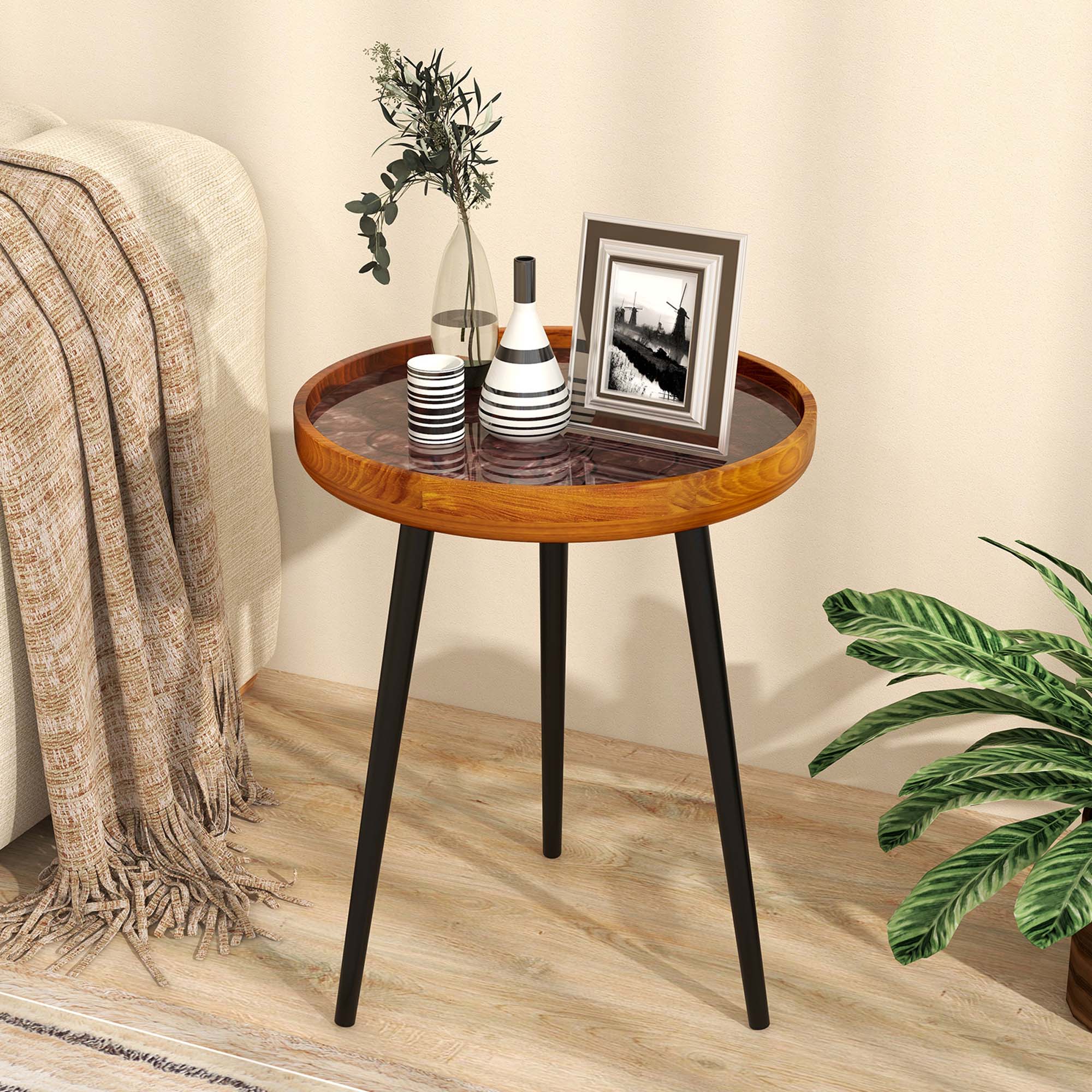 Alt View 1. Costway - Costway 16" Round End Table Mid-century Modern Coffee Table with Sea Shell Decoration Brown - Brown.