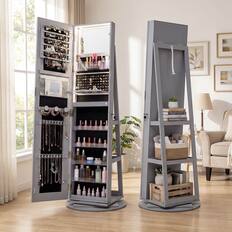 Front. Costway - Costway 360° Swivel Jewelry Cabinet with LED Lights, Full-Length Mirror & Makeup Mirror - Gray.