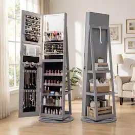 Costway - 360° Swivel Jewelry Cabinet with LED Lights, Full-Length Mirror & Makeup Mirror - Gray