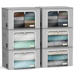 Sorbus - 6-Pack Storage Bins with Metal Frame, Stackable & Foldable Clothes Organizer Bags, Fabric Storage Container - Gray