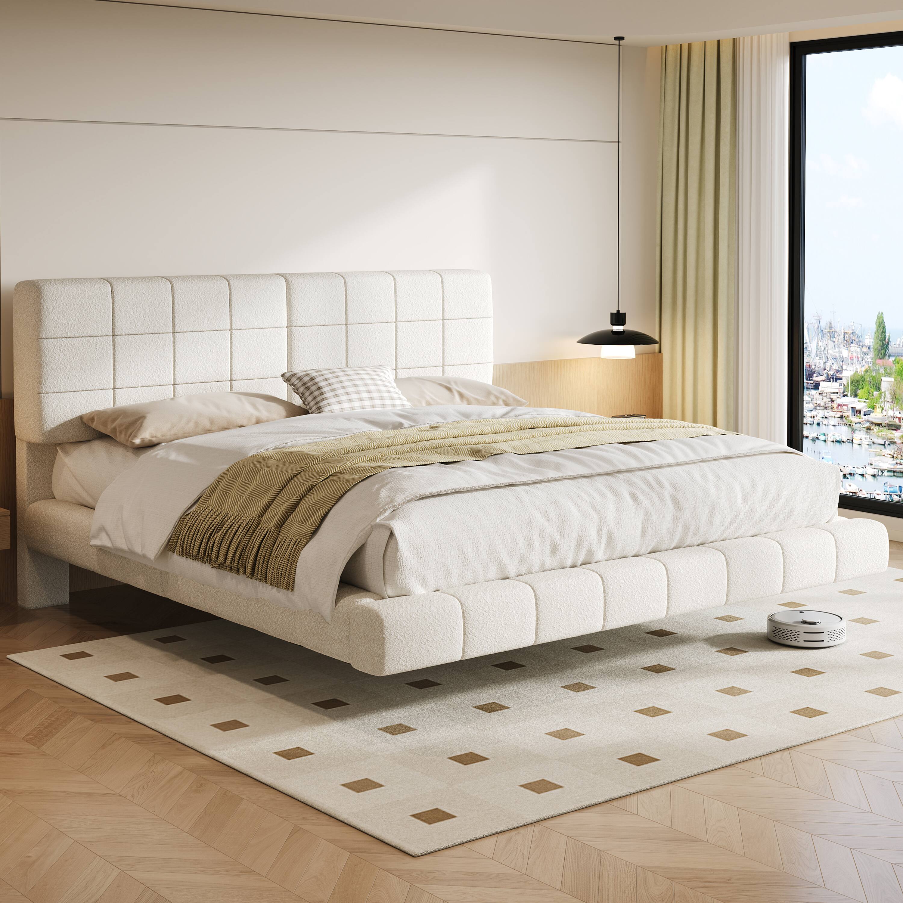 Left. LUCKY ONE - Queen Size Boucle Floating Bed with Light - White.