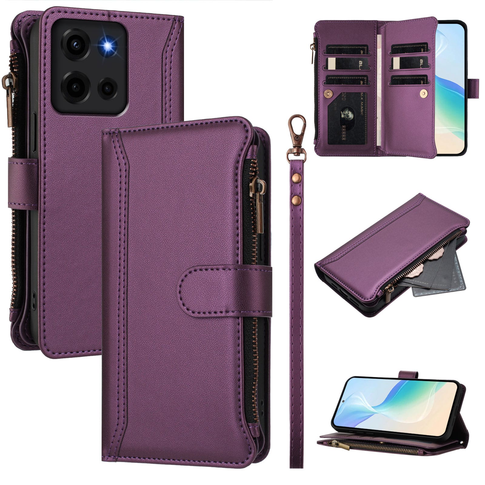 Dteck - Crossbody Wallet Case for Motorola G 5G (2025), Shockproof Zipper PU Leather Flip Stand Cover with 9 Card Slots - Darkpurple