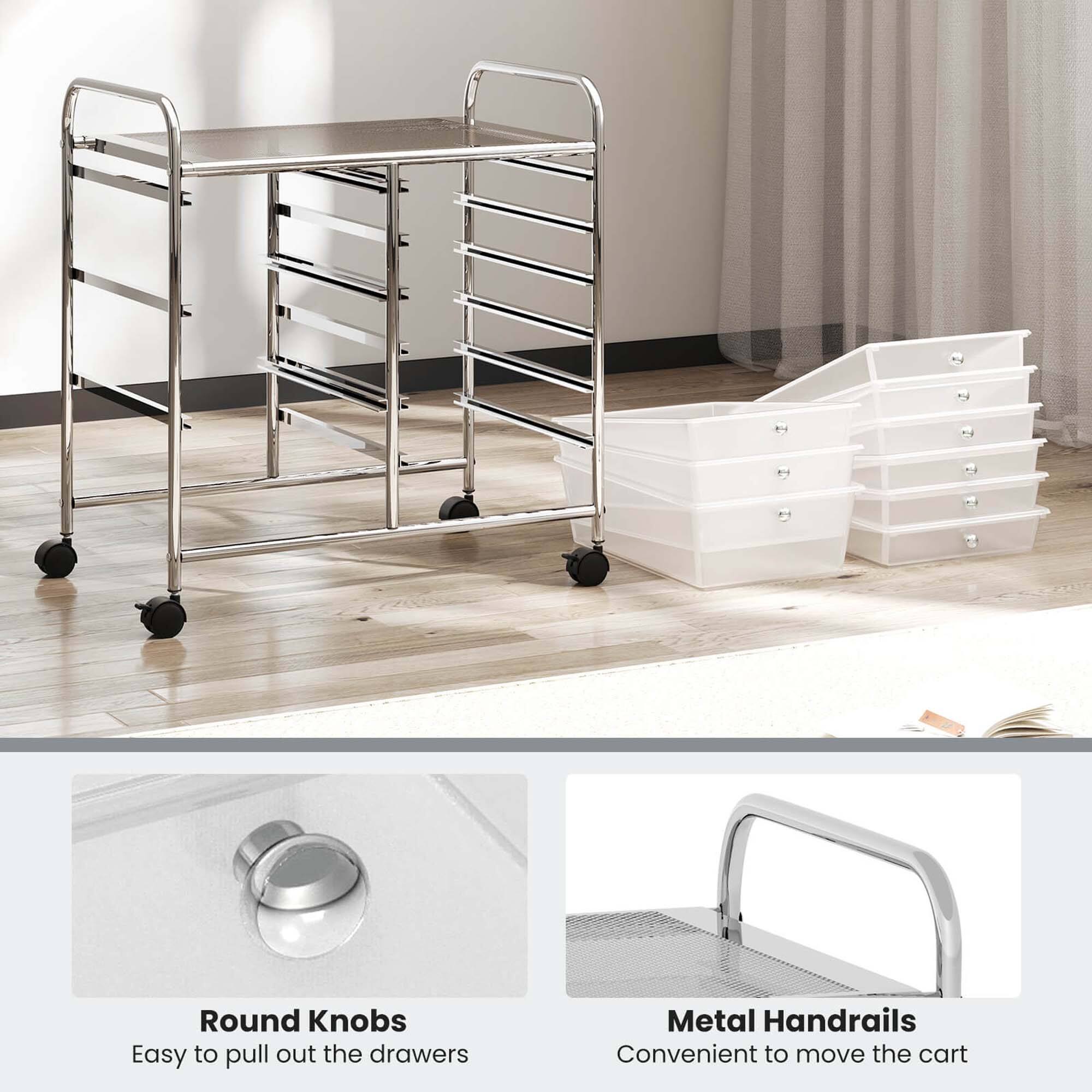Round Knobs  
Easy to pull out the drawers  

Metal Handrails  
Convenient to move the cart