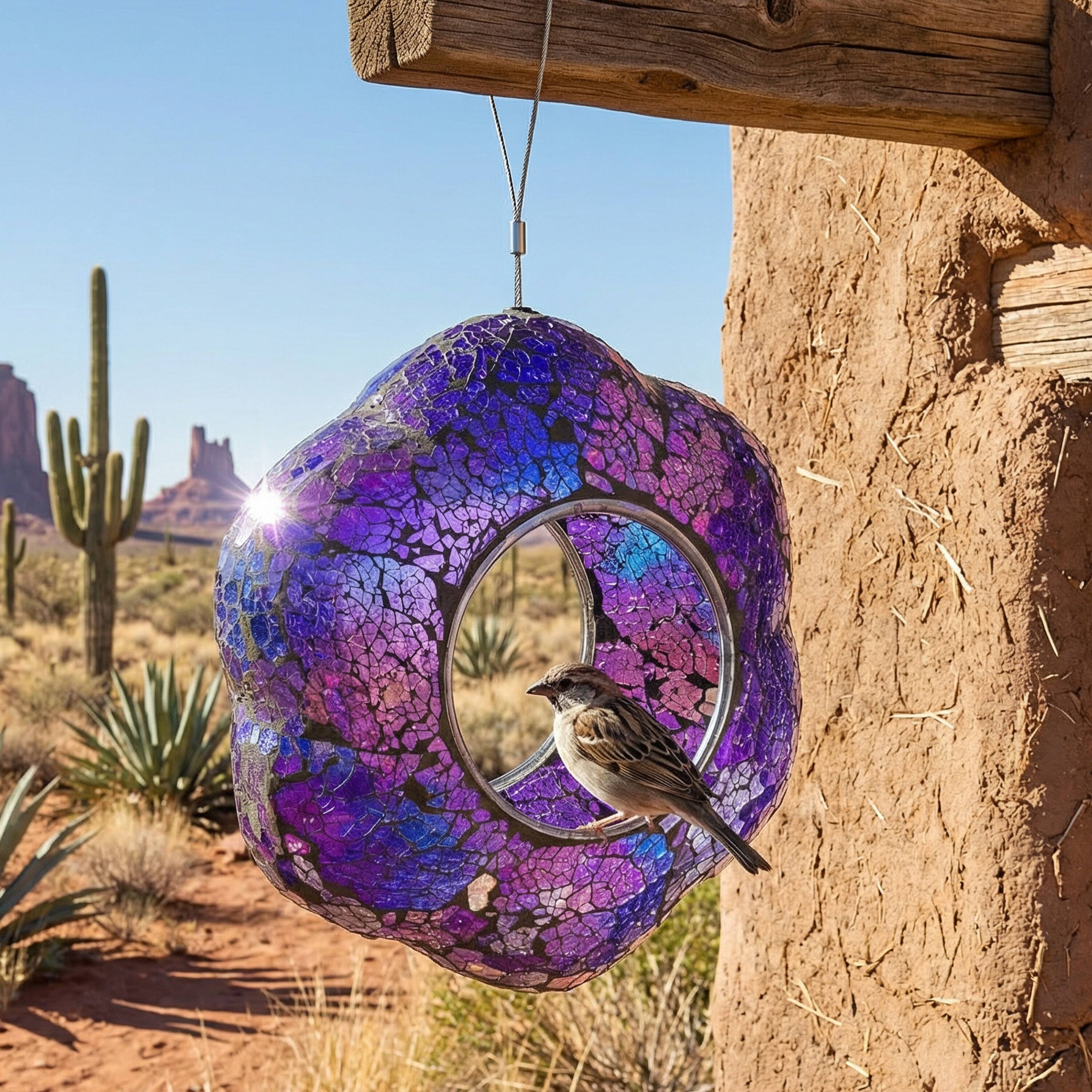 Alt View 10. Sunnydaze - Glass Fly-Through Hanging Bird Feeder - 10 in - Iridescent Purple Flower.
