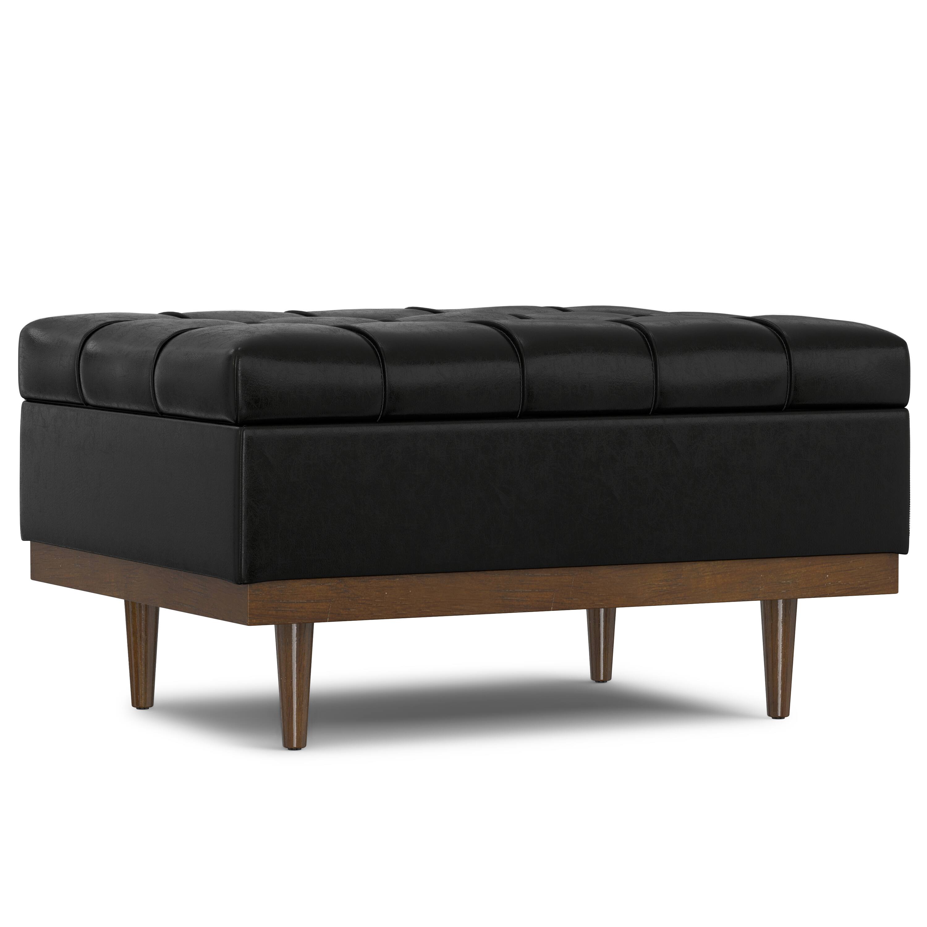 Alt View 2. Simpli Home - Mariah 34 inch Contemporary Rectangle Coffee Table Storage Ottoman in Midnight Black  PU Black faux leather, Assembled - Midnight Black.