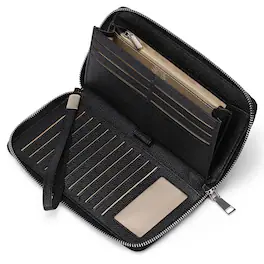 Wikistore - Womens RFID Blocking Leather Zip Around Wallet Large Capacity Clutch Wristlet - Black