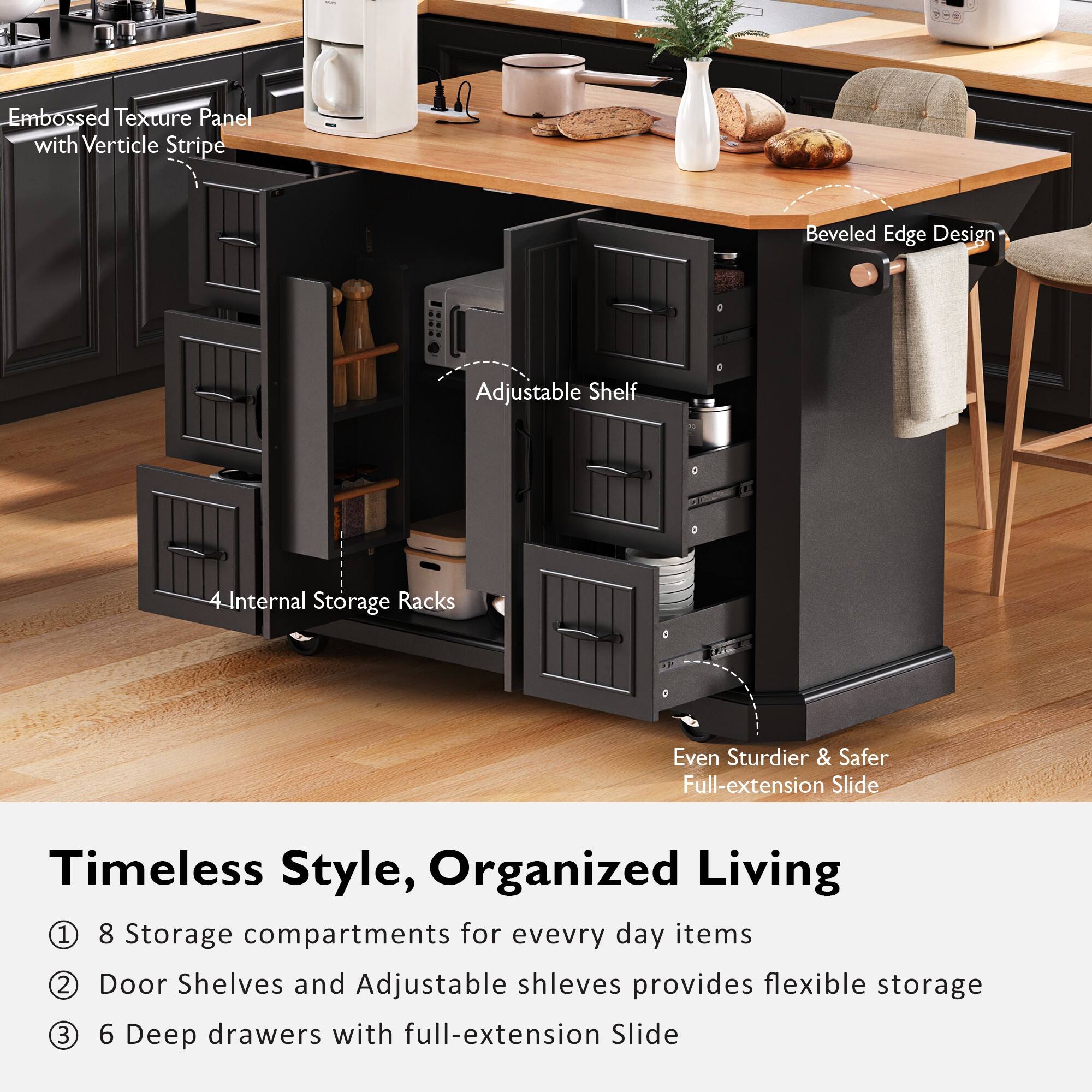 - Embossed Texture Panel with Vertical Stripe Beveled Edge Design Adjustable Shelf
- 4 Internal Storage Racks
- Even Sturdier & Safer Full-extension Slide
- Timeless Style, Organized Living
- 8 Storage compartments for every day items
- Door Shelves and Adjustable shelves provides flexible storage
- 6 Deep drawers with full-extension Slide