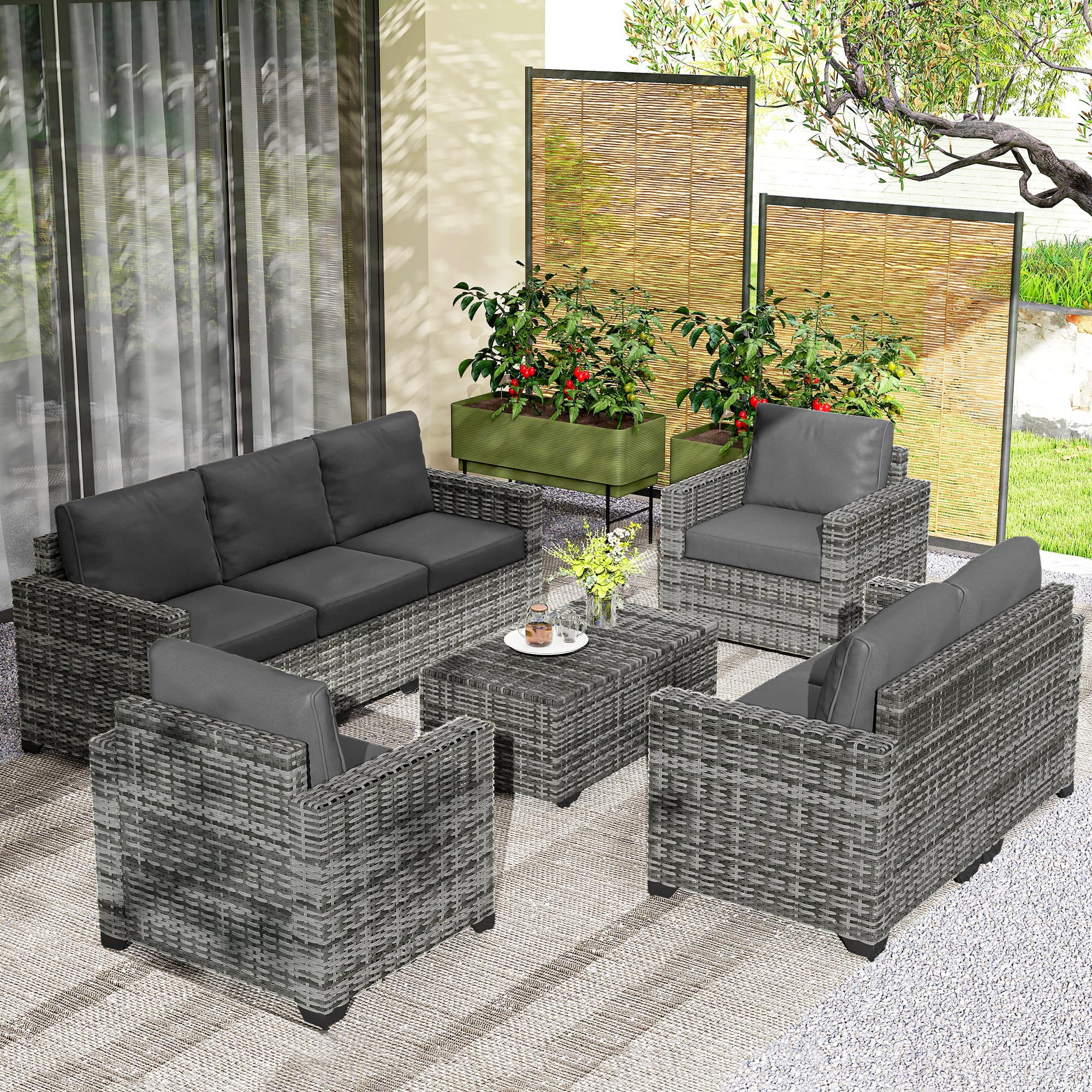 Outsunny - 5 Piece Patio Furniture Set with Cushions, Outdoor PE Rattan Wicker Conversation Sofa Set with Storage Bin Coffee Table - Dark Gray