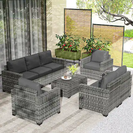 Front. Outsunny - 5 Piece Patio Furniture Set with Cushions, Outdoor PE Rattan Wicker Conversation Sofa Set with Storage Bin Coffee Table - Dark Gray.