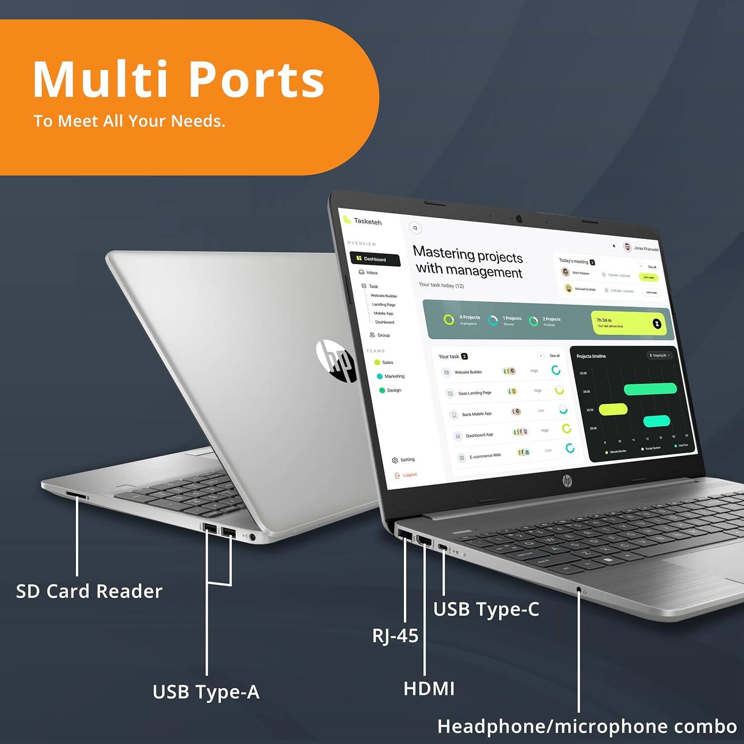 Multi Ports To Meet All Your Needs. Tasketeh -ad Mastering projects with management. Your task today (2) - - - I Uemat - - LPogeis 1 Et - s - - - E - Sum 1 - - -MAT - - Seting - E - Ln SD Card Reader USB Type-C RJ-45 USB Type-A HDMI Headphone/microphone combo