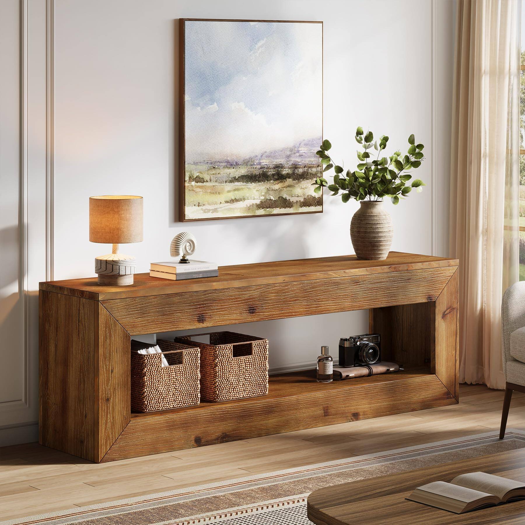 Back. Tribesigns - 47" Solid Wood TV Stand for 32/43/55" TVs, Farmhouse TV Console with Storage, Low Media Console Television Stands for Li - Brown.