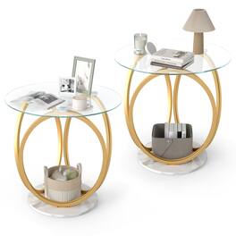 Gymax - 2PCS Round End Table Faux Marble Side Table w/Tempered Glass Tabletop for Home - Gold