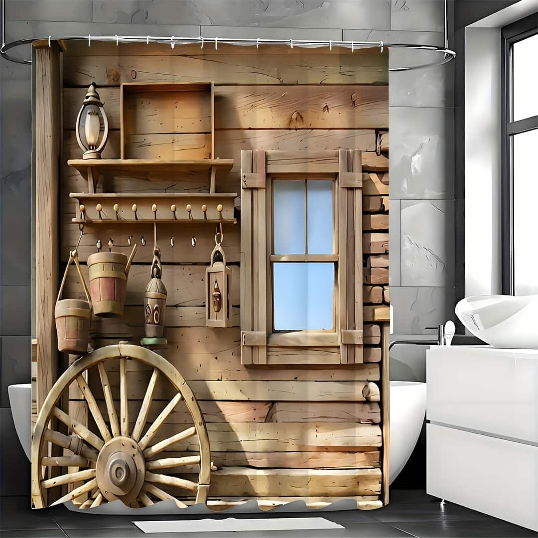 blue - Quaint Wooden House Print Shower Curtain Set - Waterproof & Decorative Bathroom Ensemble - yellow color200