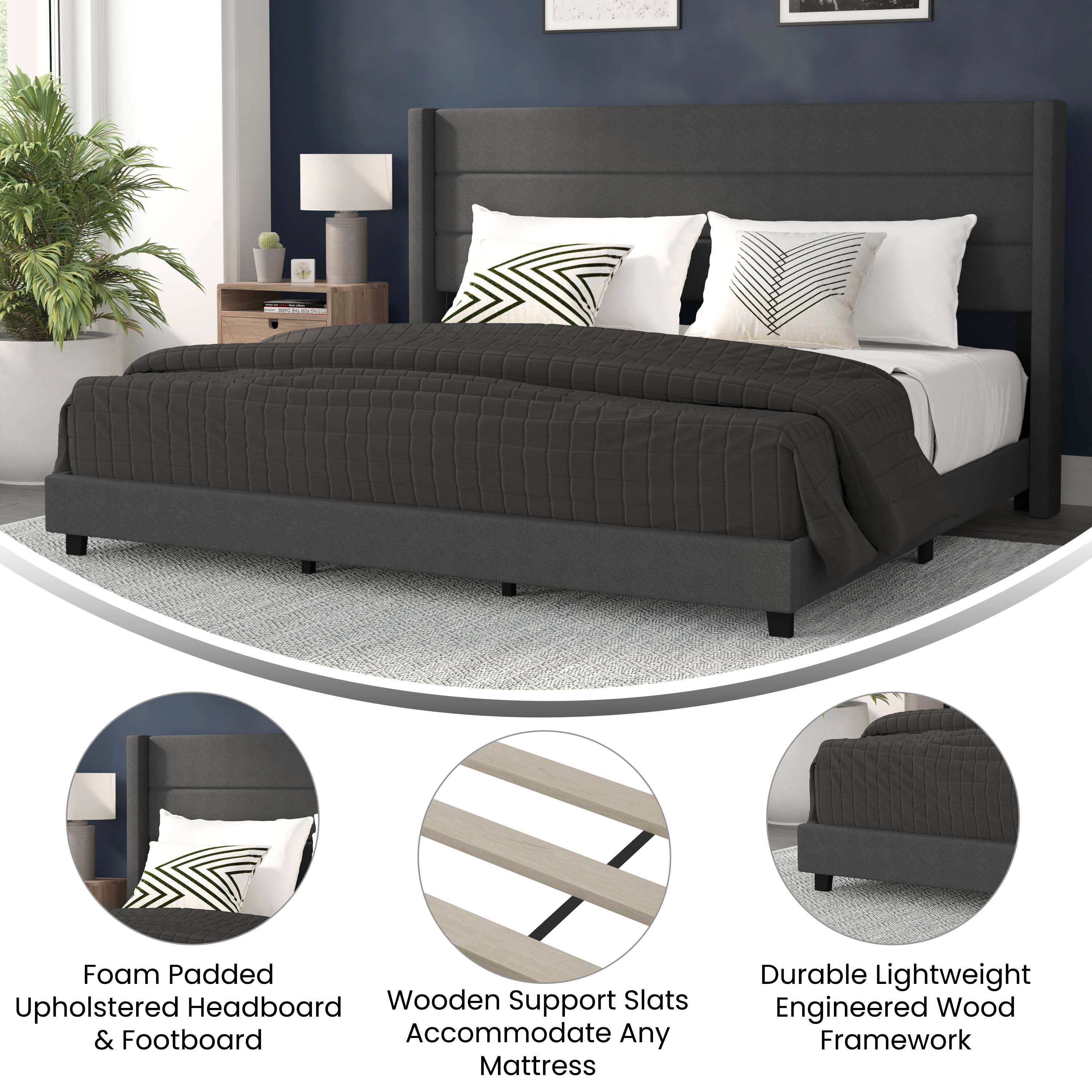Foam Padded Upholstered Headboard & Footboard  
Wooden Support Slats Accommodate Any Mattress  
Durable Lightweight Engineered Wood Framework