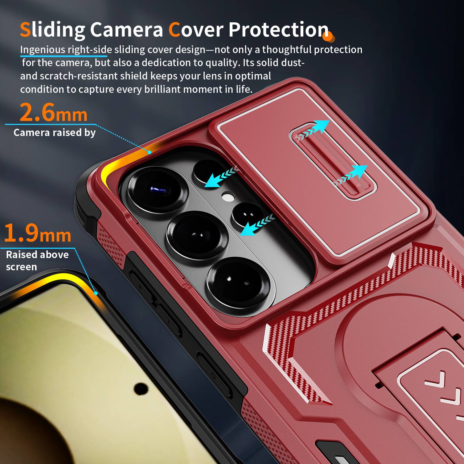 Sliding Camera Cover Protection

Ingenious right-side sliding cover design—not only a thoughtful protection for the camera, but also a dedication to quality. Its solid dust- and scratch-resistant shield keeps your lens in optimal condition to capture every brilliant moment in life.

2.6mm
Camera raised by

1.9mm
Raised above screen