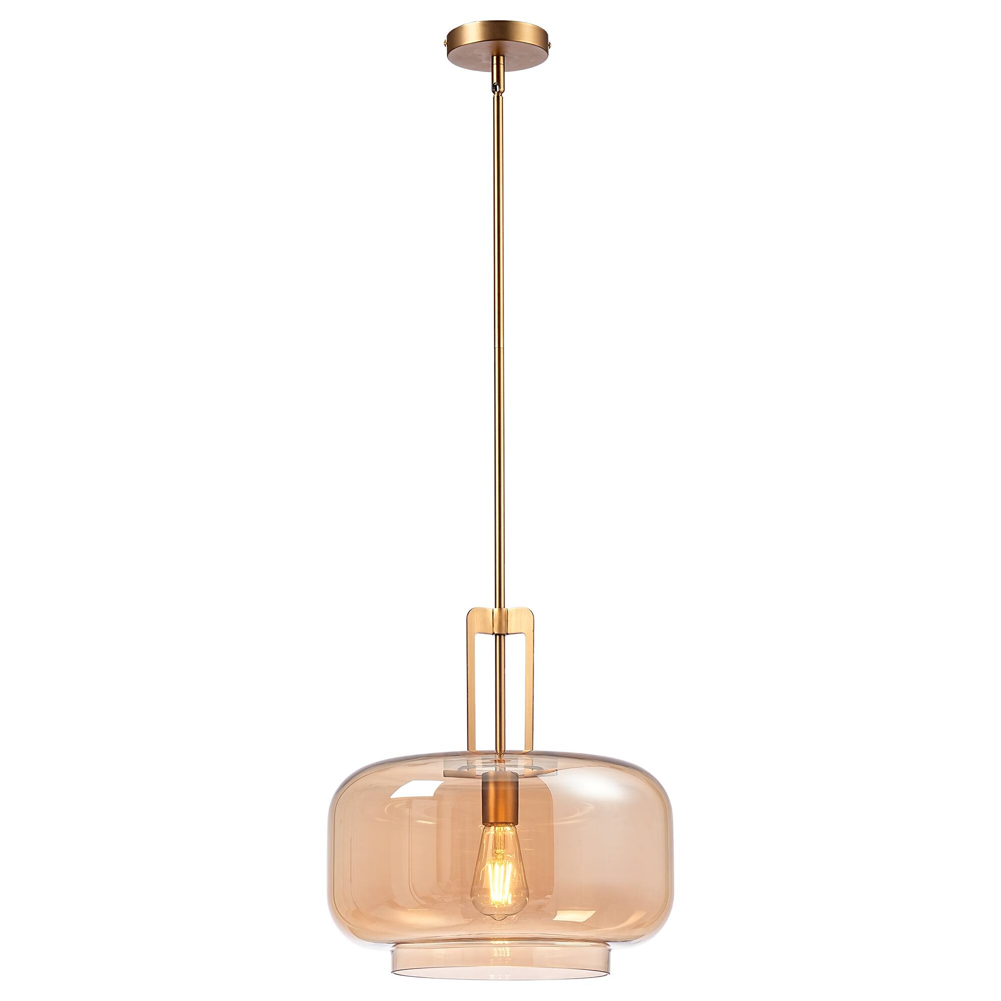 Alt View 1. Parrot Uncle - 15" Modern Round Amber Glass Shade Pendant Light 1-Light Adjustable Hanging Light for Kitchen Island - Amber.