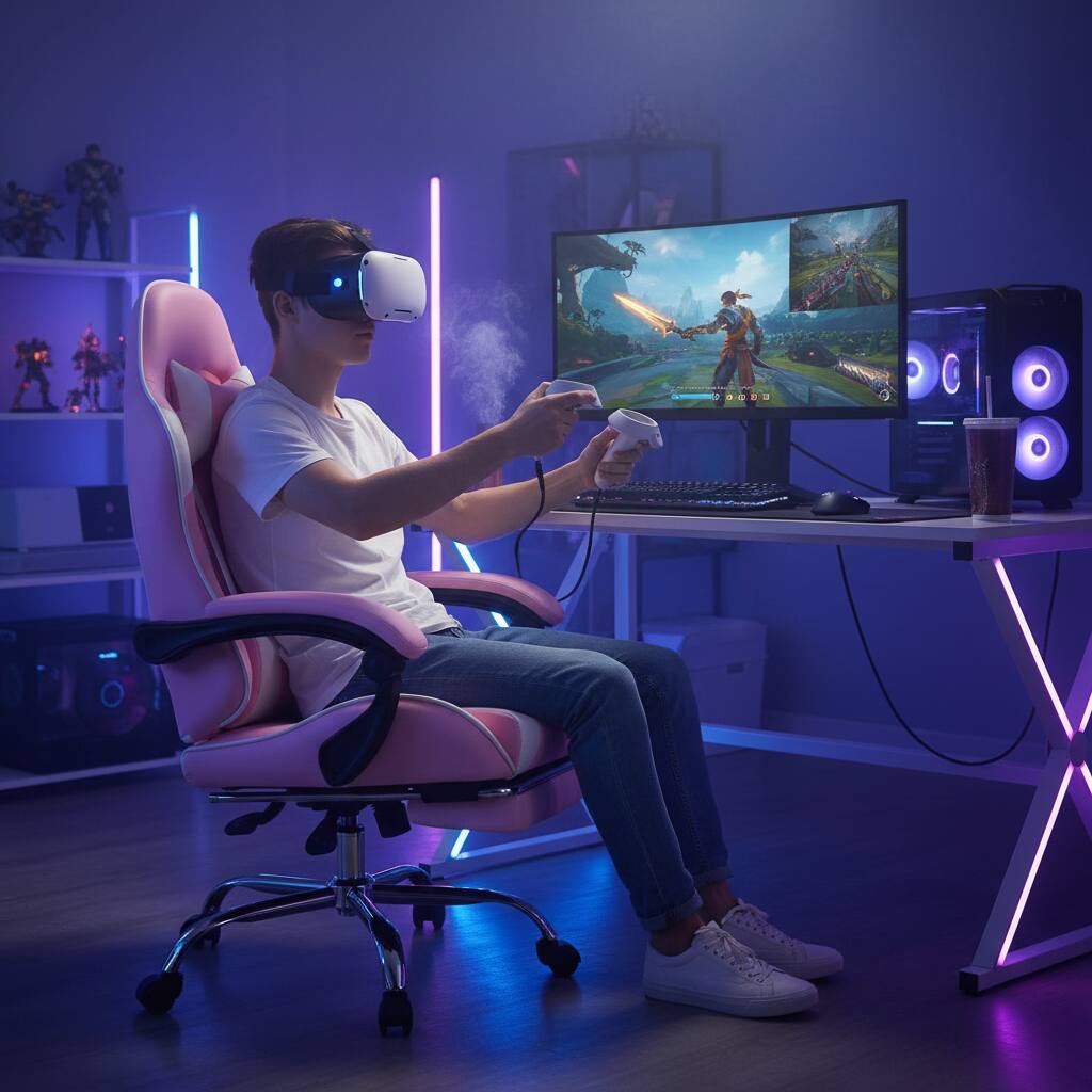 Alt View 5. AOITUN - Video Game Desk Chair - Ergonomic Computer with Footrest and Comfy Lumbar Support, PU Leather Recliner, Pink - White.
