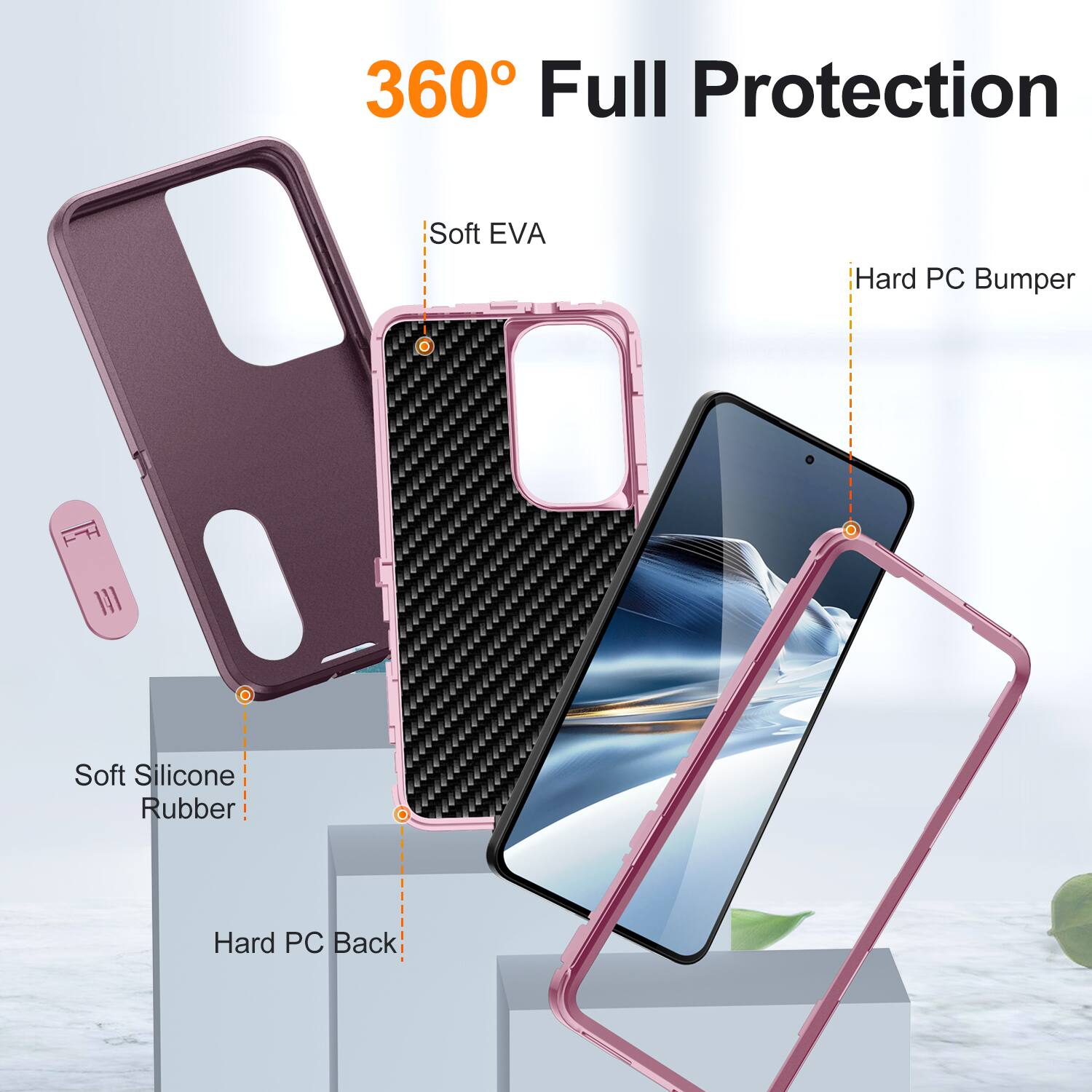 360° Full Protection

- Soft EVA
- Hard PC Bumper
- Soft Silicone Rubber
- Hard PC Back