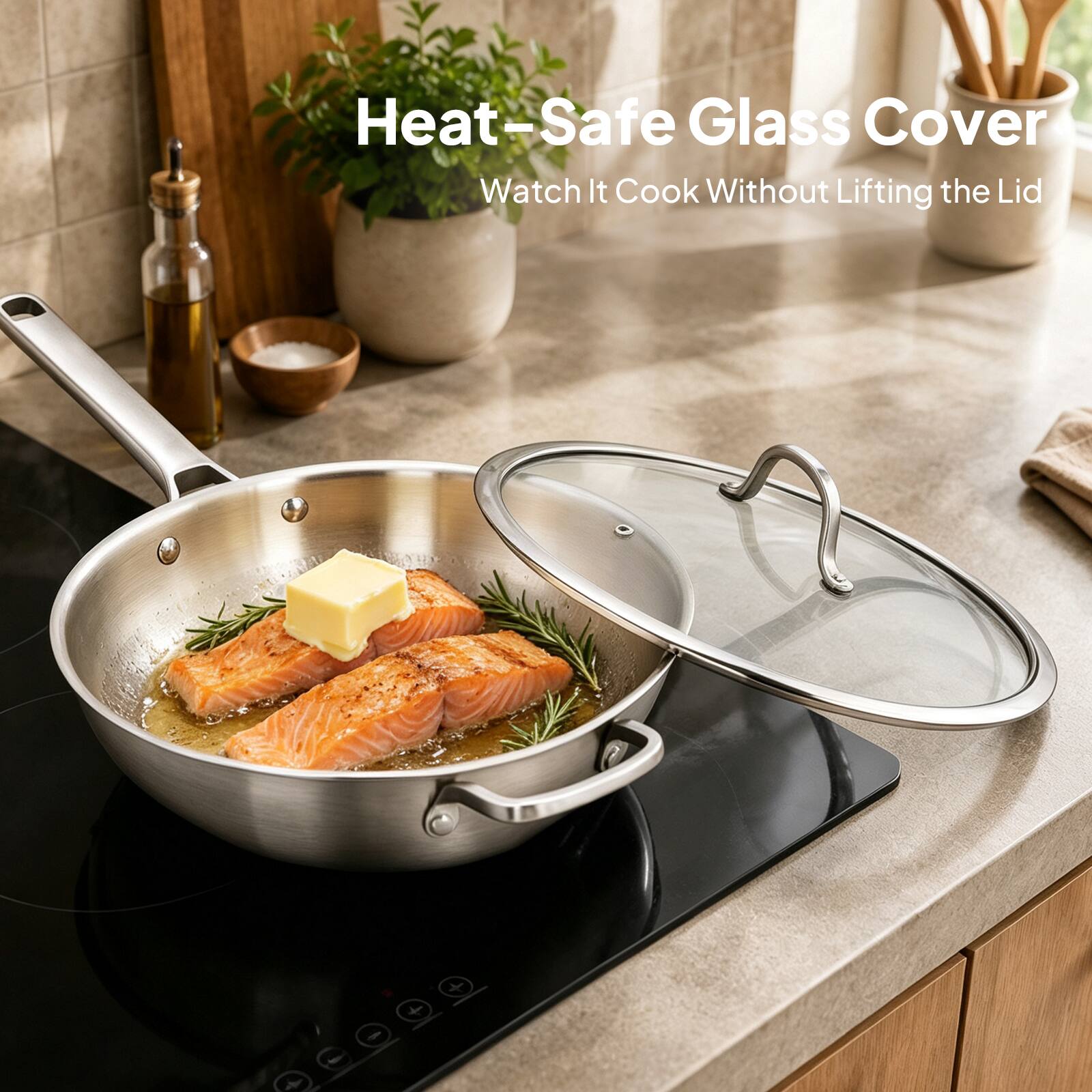 Heat-Safe Glass Cover  
Watch It Cook Without Lifting the Lid