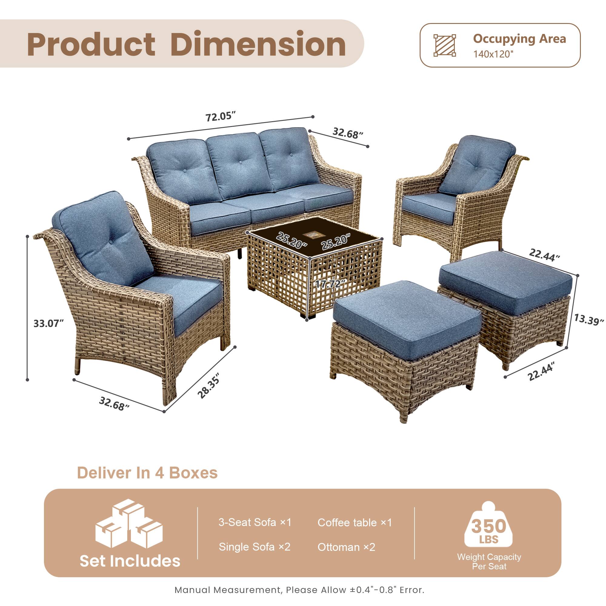 **Product Dimension**

- Occupying Area: 140x120*
- 3-Seat Sofa: 72.05" x 32.68" x 25.20"
- Single Sofa: 33.07" x 32.68" x 25.20"
- Coffee table: 25.20" x 25.20" x 17.72"
- Ottoman: 22.44" x 13.39" x 22.44"
- 28.35" (height of the sofa legs)

**Deliver In 4 Boxes**

- Set Includes:
  - 3-Seat Sofa x1
  - Single Sofa x2
  - Coffee table x1
  - Ottoman x2

**Weight Capacity Per Seat: 350 LBS**

*Manual Measurement, Please Allow 0.4-0.8" Error.