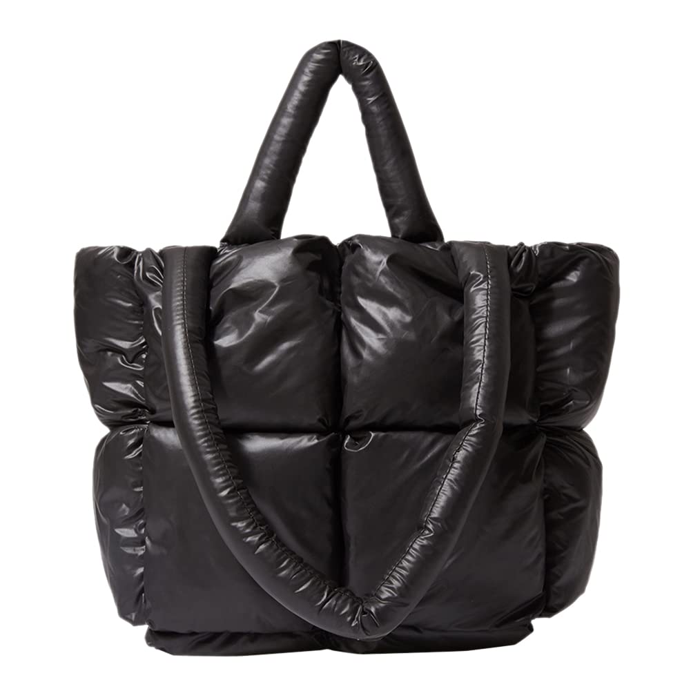 Front. Vulpecula Spade - Puffer Tote Bag for Women Quilted Puffy Handbag Light Winter Down Cotton Padded Shoulder Bag Down Padding Tote Bag - Black.