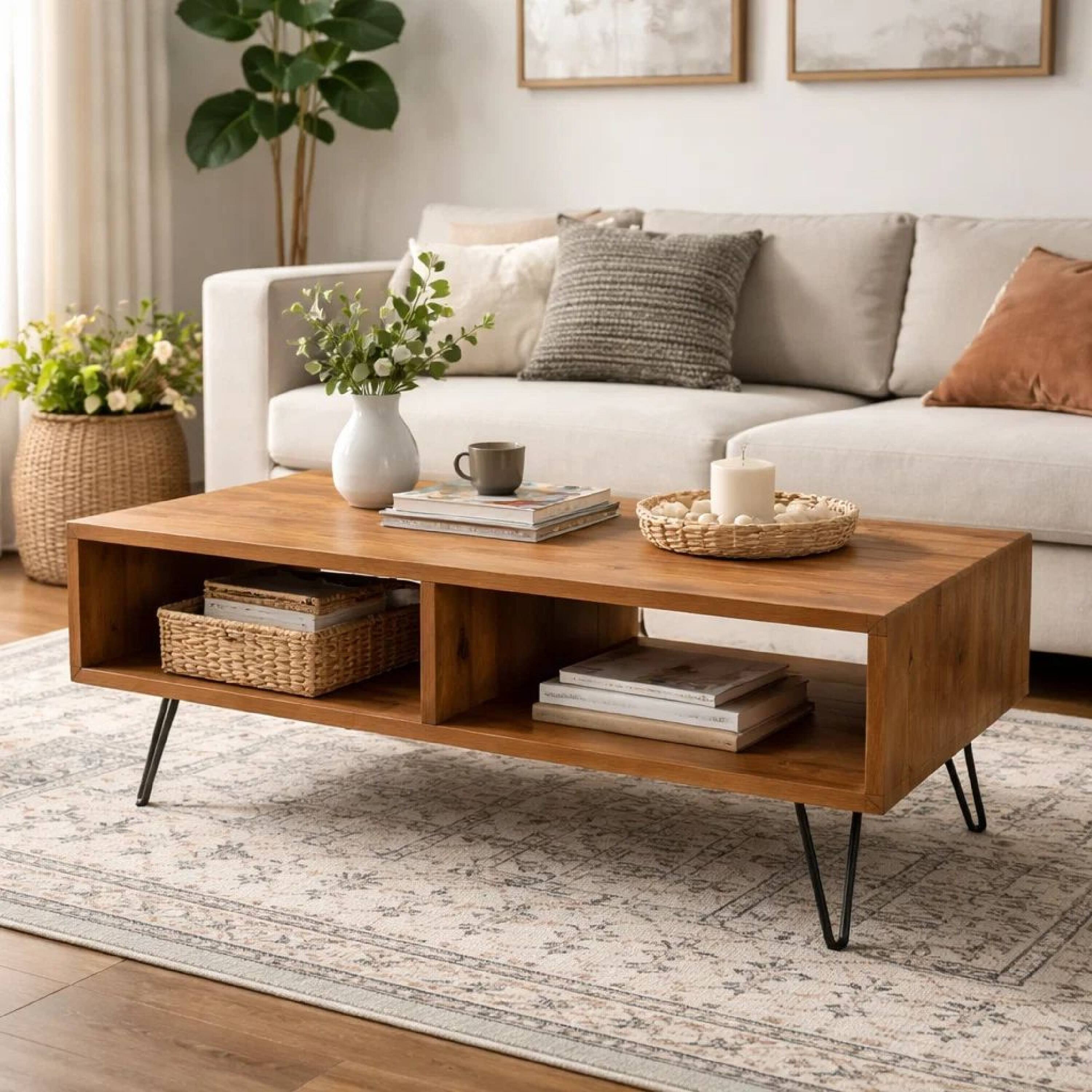 Alt View 4. Manhattan Lane - 42 Inch Modern Cocktail Coffee Table with Open Compartments, Wood Top - Brown, Black.