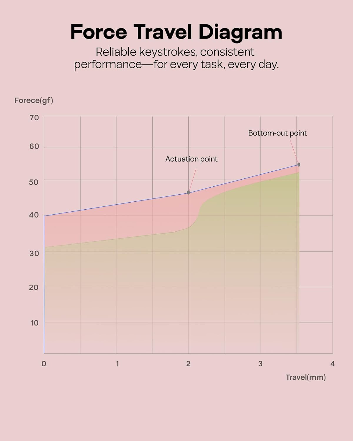 Force Travel Diagram  
Reliable keystrokes, consistent performance—for every task, every day.  

Force(gf)  
70  
60  
50  
40  
30  
20  
10  
0  

Travel(mm)  
0  
1  
2  
3  
4  

Bottom-out point  
Actuation point